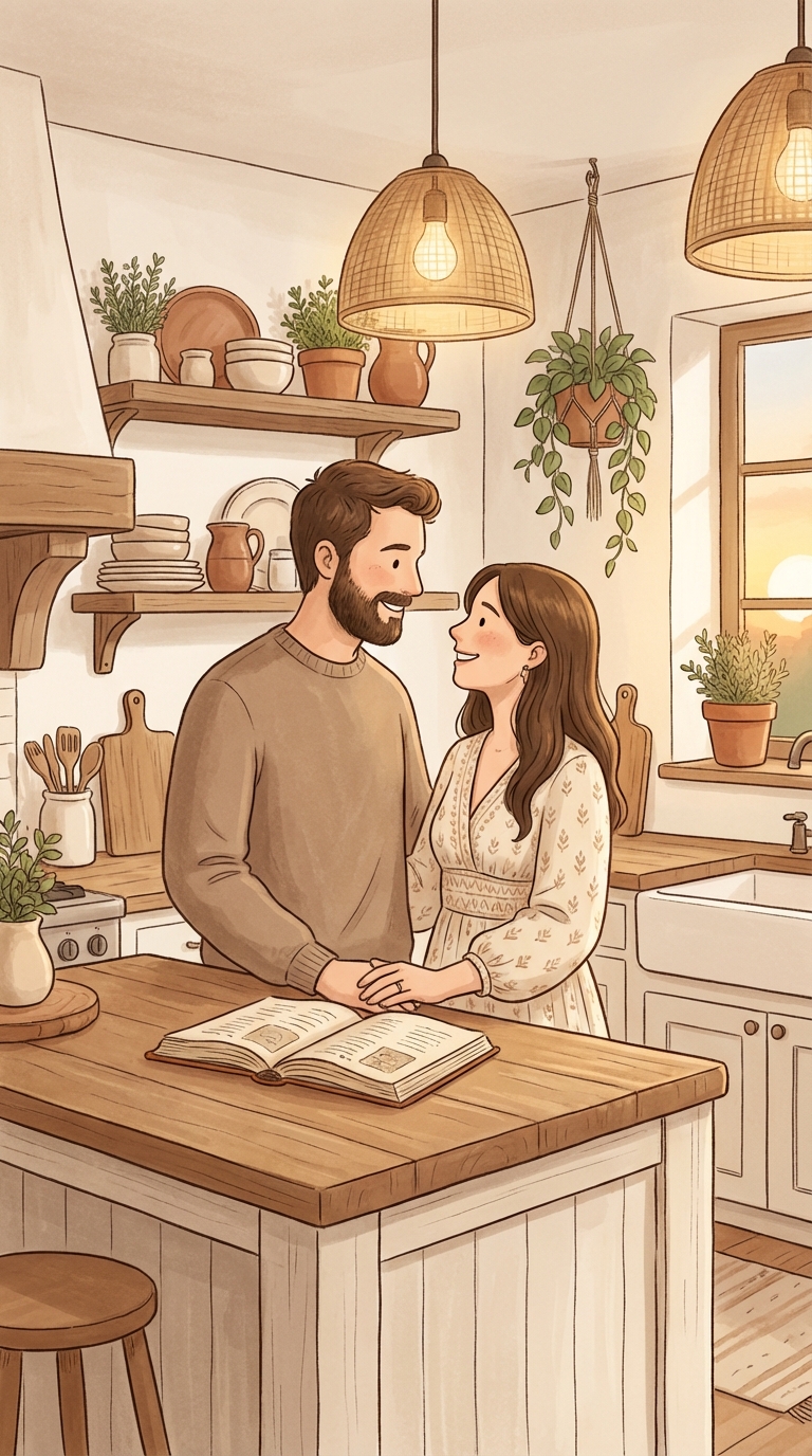 A couple sharing recipes together in a warm kitchen